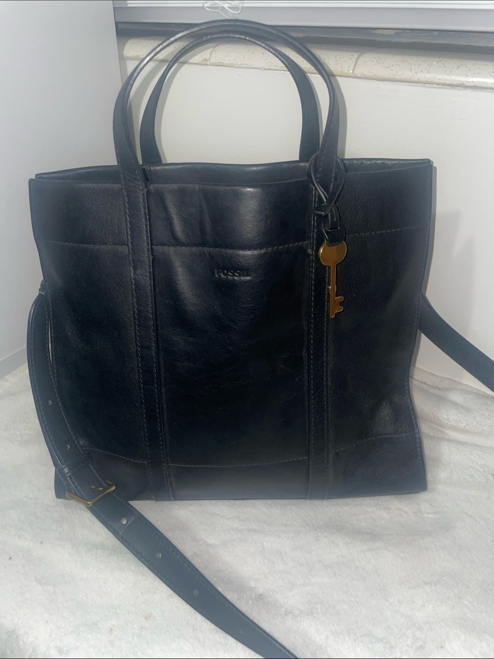 Fossil Black Leather Tote with Key Charm and Crossbody Strap